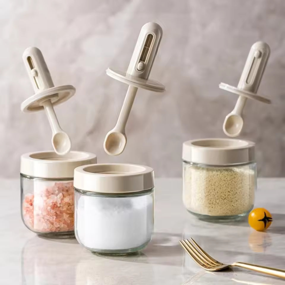Modern Glass Spice Jar Container Set (Pack of 4 with Stand)