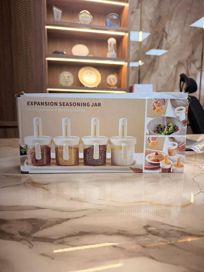 Modern Glass Spice Jar Container Set (Pack of 4 with Stand)